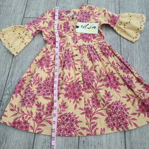 Utsa Kids Yellow Pink Floral Eyelet Bell Sleeve Dress 2Y NWT - Picture 5 of 8